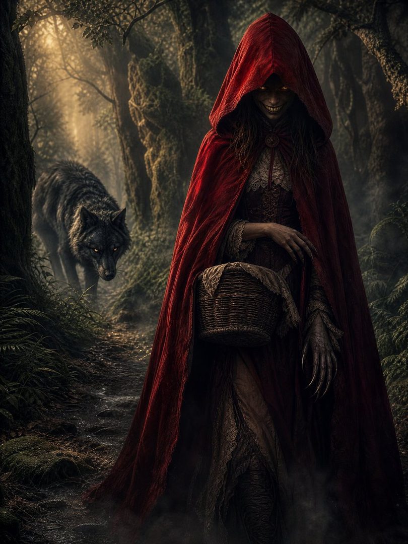 A dark fantasy portrait of a sinister Little Red Riding Hood with glowing eyes and sharp claws, holding a basket, with a menacing wolf lurking in the shadowy forest behind her.