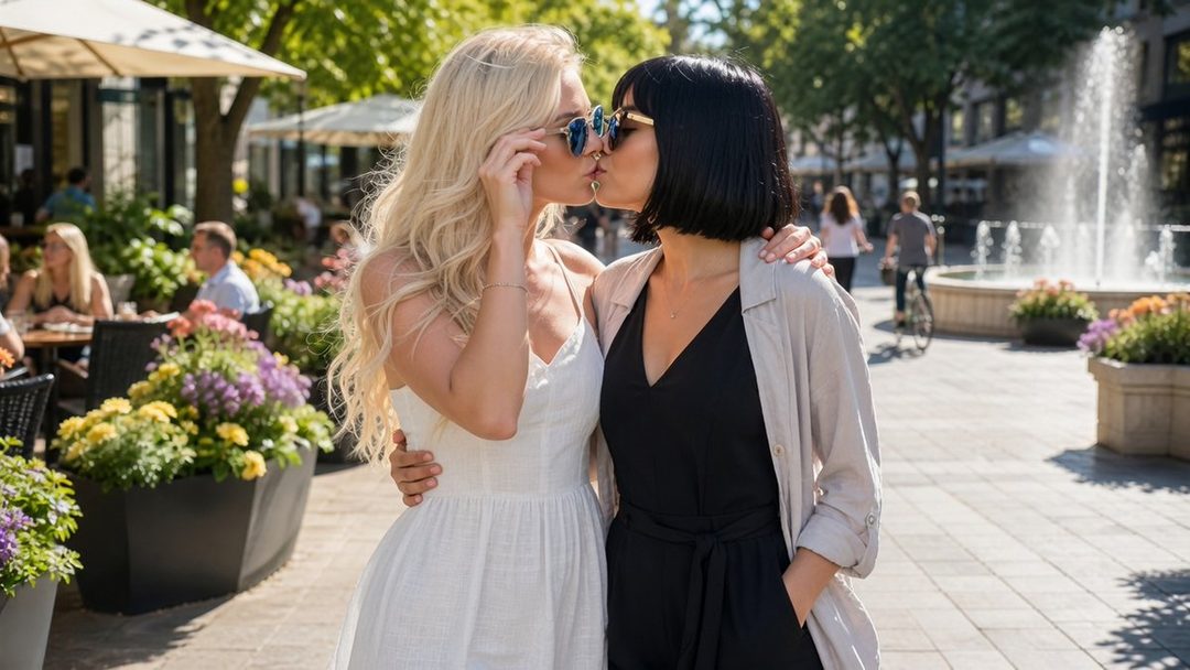 Two women, one with blonde hair and a white dress, the other with black hair and a black jumpsuit, share a kiss on a sunny day in an outdoor cafe setting.