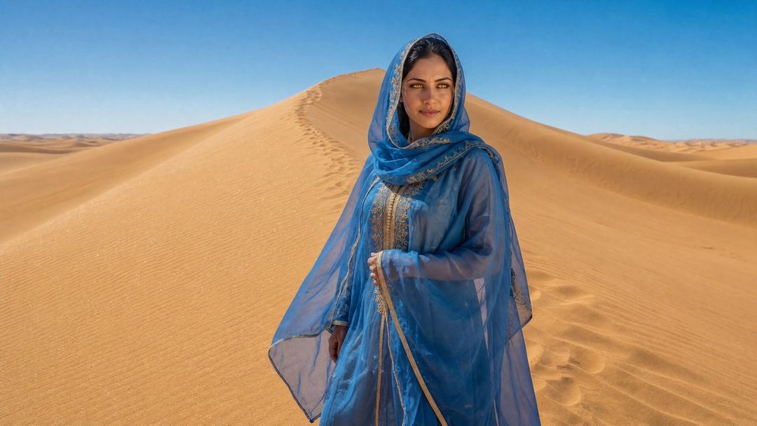 A woman in a blue headscarf and dress stands in a desert landscape with sand dunes under a clear blue sky.