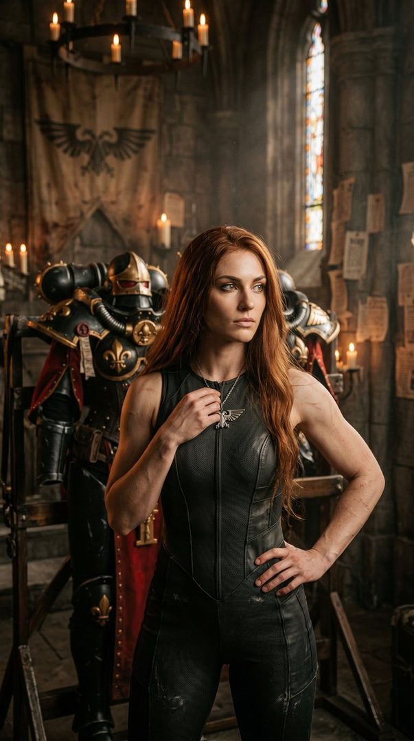 A woman with long red hair in a black outfit stands in front of a person in Warhammer 40,000 armor.