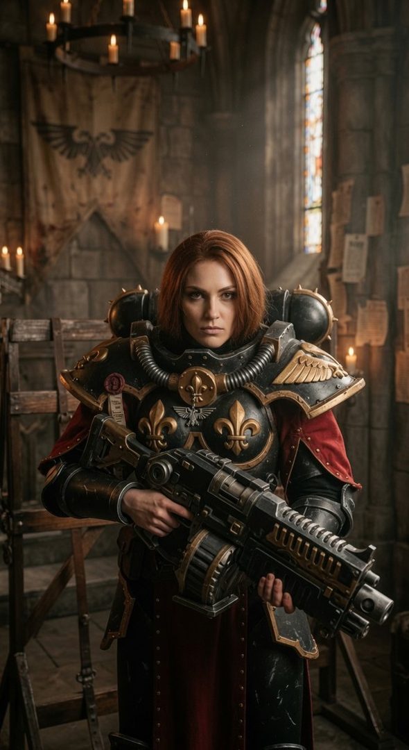 A woman in elaborate armor holding a large weapon, posing in a dimly lit, gothic-style room with candles and banners.