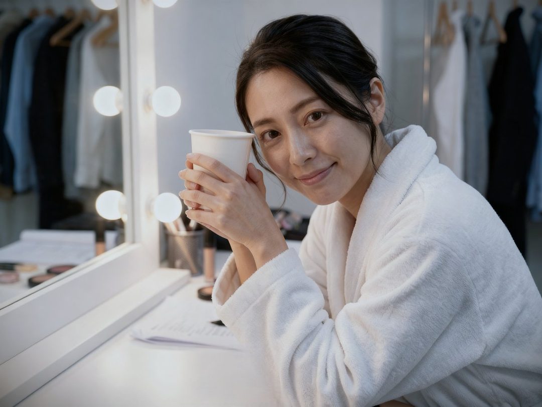 A young East Asian woman in a white bathrobe holds a cup and smiles gently, sitting at a vanity with a lighted mirror.
