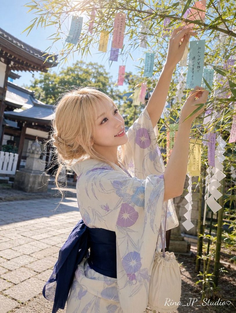 A young woman in a floral yukata ties a tanzaku to a bamboo tree at a shrine during the Tanabata festival.