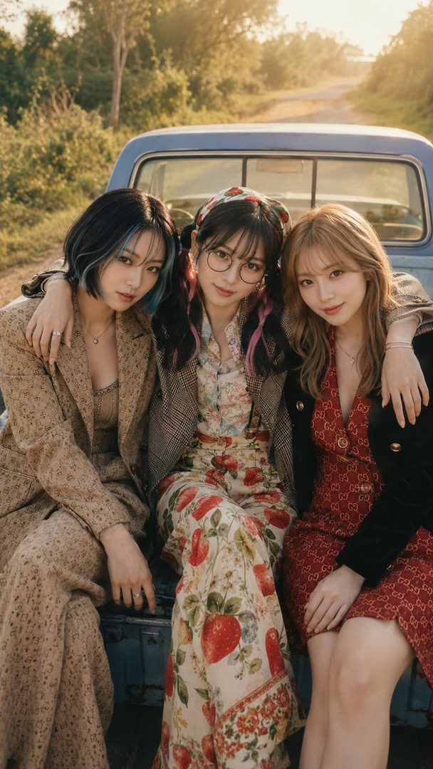 Three young women are sitting in the back of a blue pickup truck, with one wearing a brown suit, another in a strawberry print outfit and glasses, and the third in a red patterned dress, all posing outdoors during golden hour.