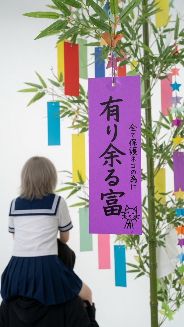 A person wearing a Japanese school uniform sits on someone's shoulders, looking at a bamboo tree decorated with colorful tanzaku for Tanabata.