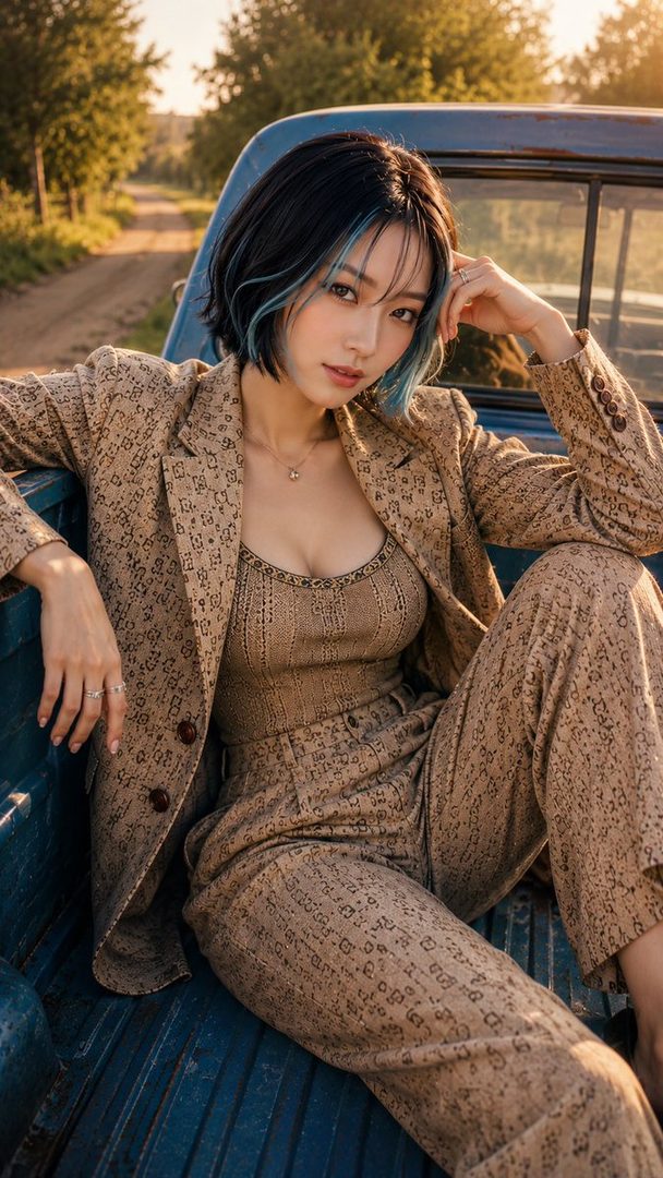 A woman with black and blue highlighted bob hair sits in the back of a blue pickup truck, wearing a patterned suit, with a country road in the background during golden hour.