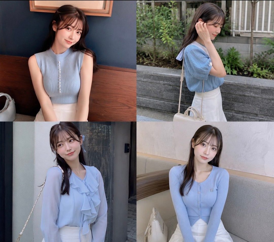 A collage of four portraits of a young East Asian woman posing in light blue outfits, showcasing different fashion styles.