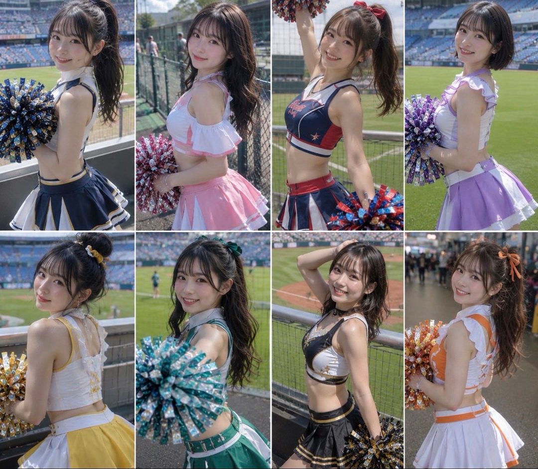 A collage of eight AI-generated portraits of young East Asian women dressed as cheerleaders, posing with pom-poms at a stadium.