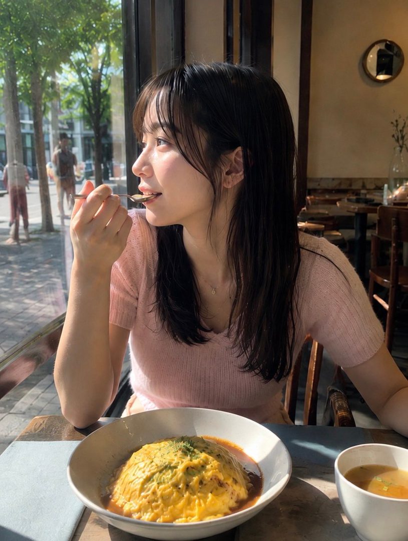 A young East Asian woman with long black hair, wearing a pink sweater, eats a meal at a cafe by the window.
