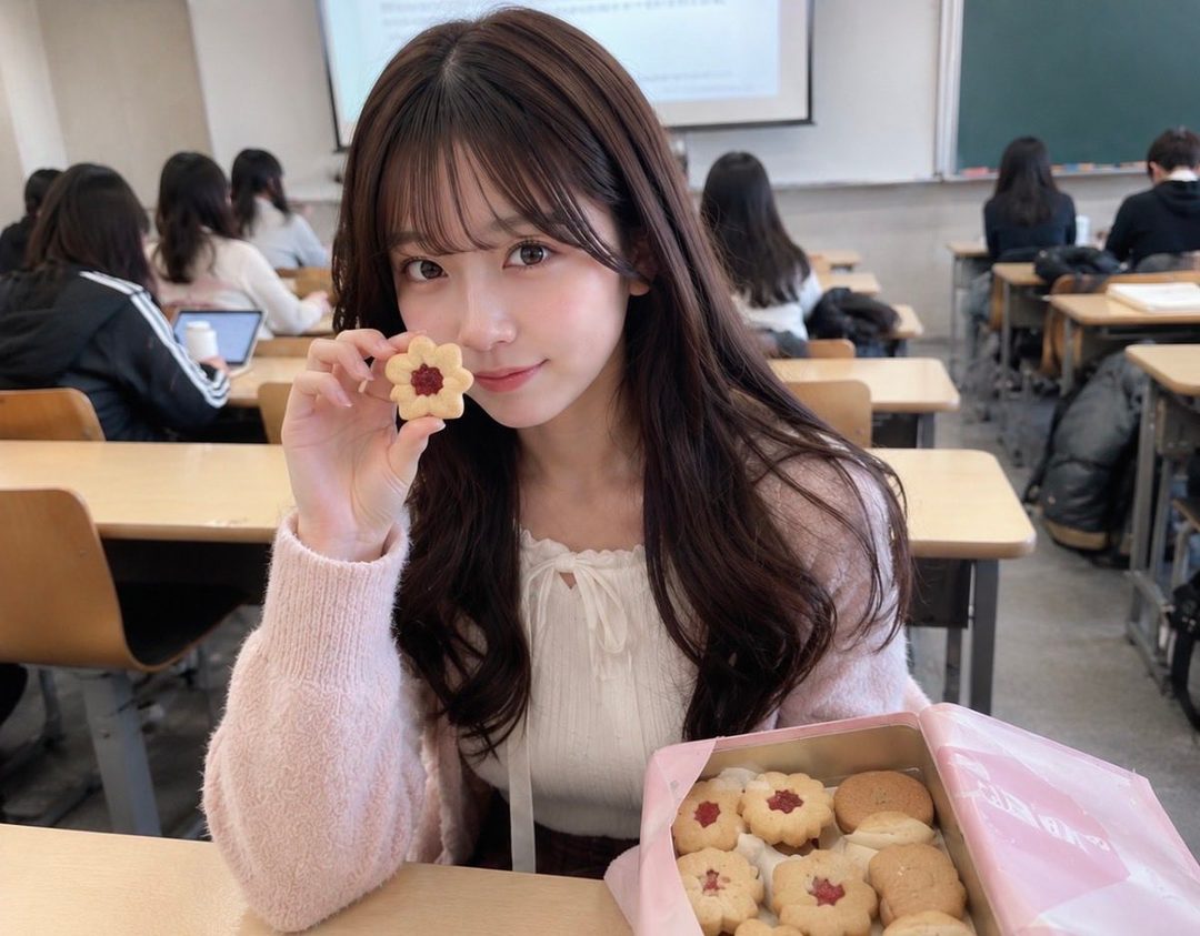 A young East Asian woman with long brown hair smiles at the camera, holding a flower-shaped cookie in a classroom setting.