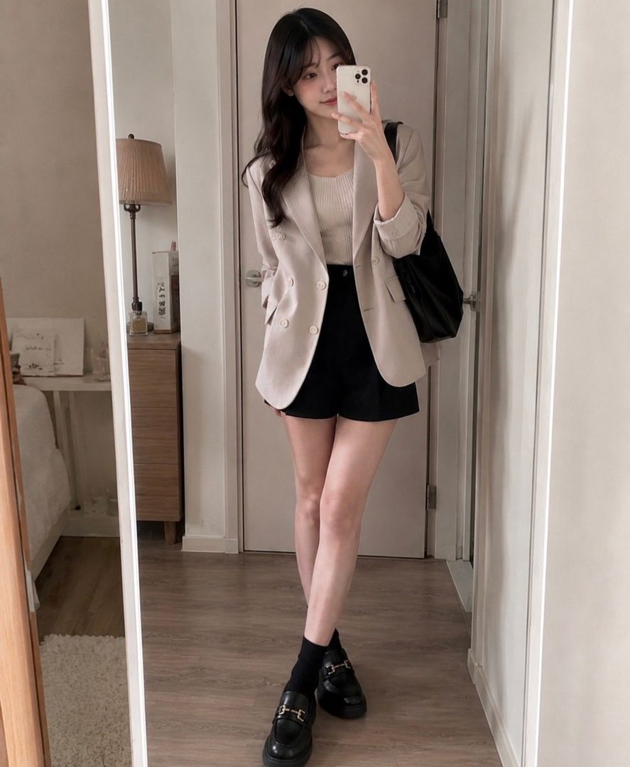 A young woman takes a mirror selfie indoors, wearing a beige blazer over a white top and black shorts, with black loafers and socks.