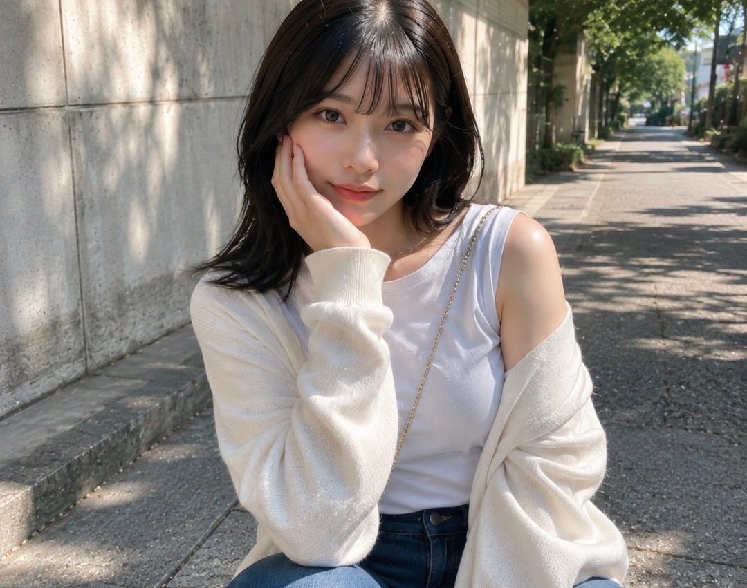 A young East Asian woman with black hair and bangs, wearing a white tank top and a cream cardigan, poses outdoors with her hand on her cheek.