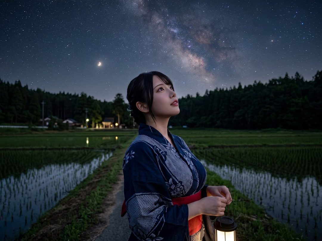 A young Japanese woman in a blue yukata gazes up at the Milky Way and a crescent moon while holding a lantern in a rural rice field at night.
