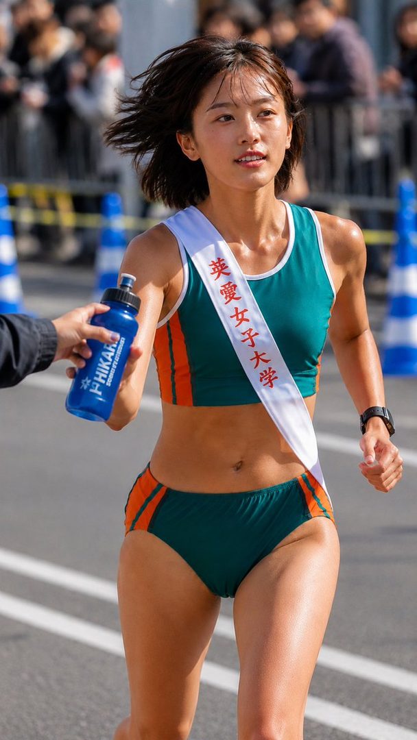A female athlete in a green and orange sports uniform runs on a track, receiving a water bottle.