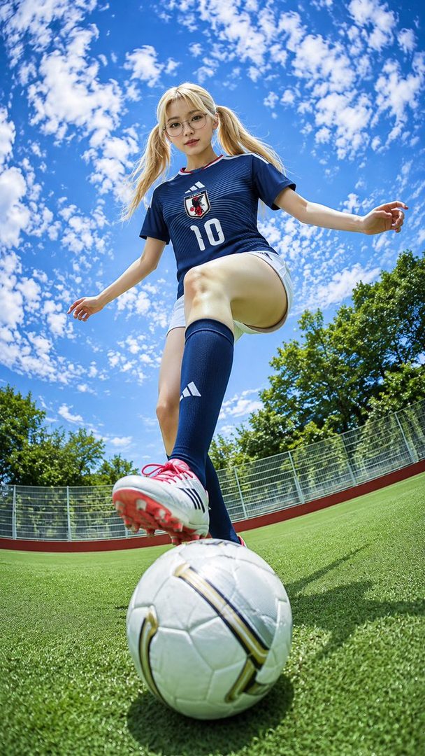 A blonde woman with pigtails and glasses, wearing a blue Japanese soccer uniform, poses with her foot on a soccer ball on a green field under a bright blue sky.