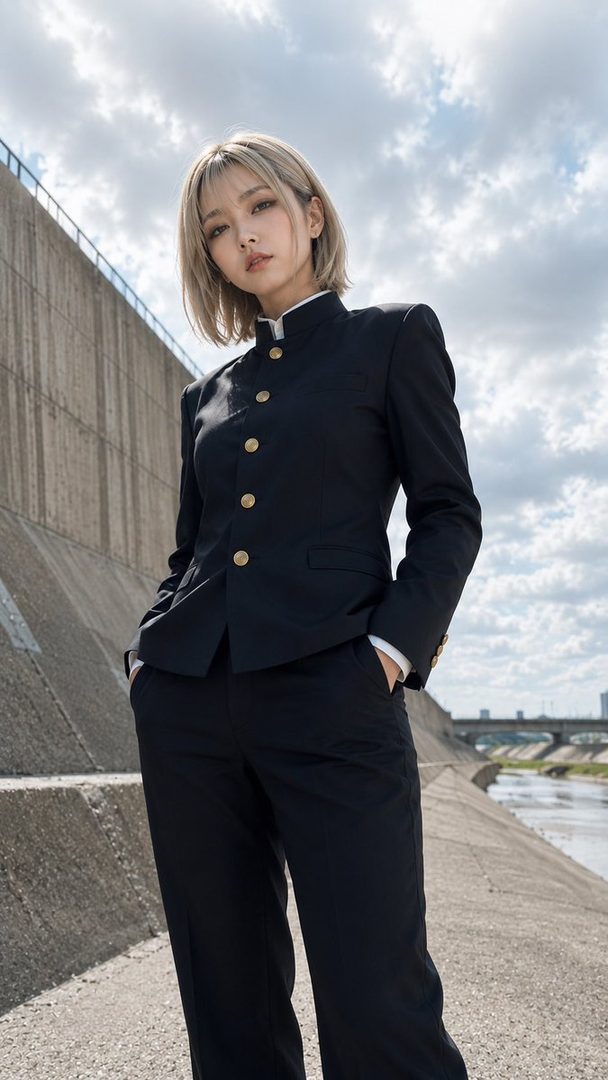 A woman with short blonde hair wears a black gakuran uniform, standing by a concrete riverbank under an overcast sky.