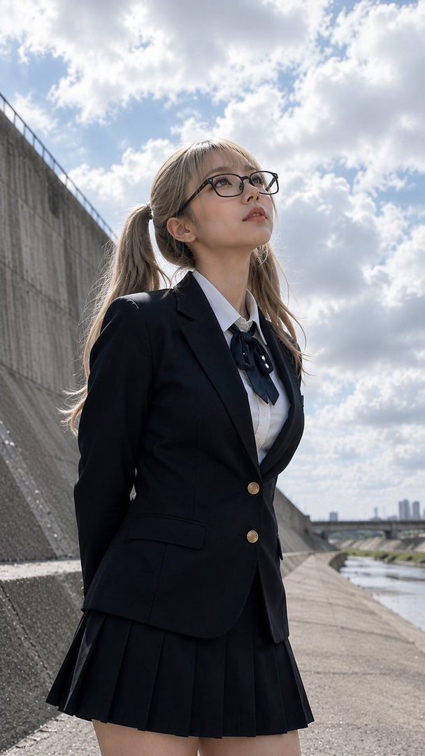 A blonde woman in a Japanese school uniform with pigtails and glasses looks up at the cloudy sky by a river.