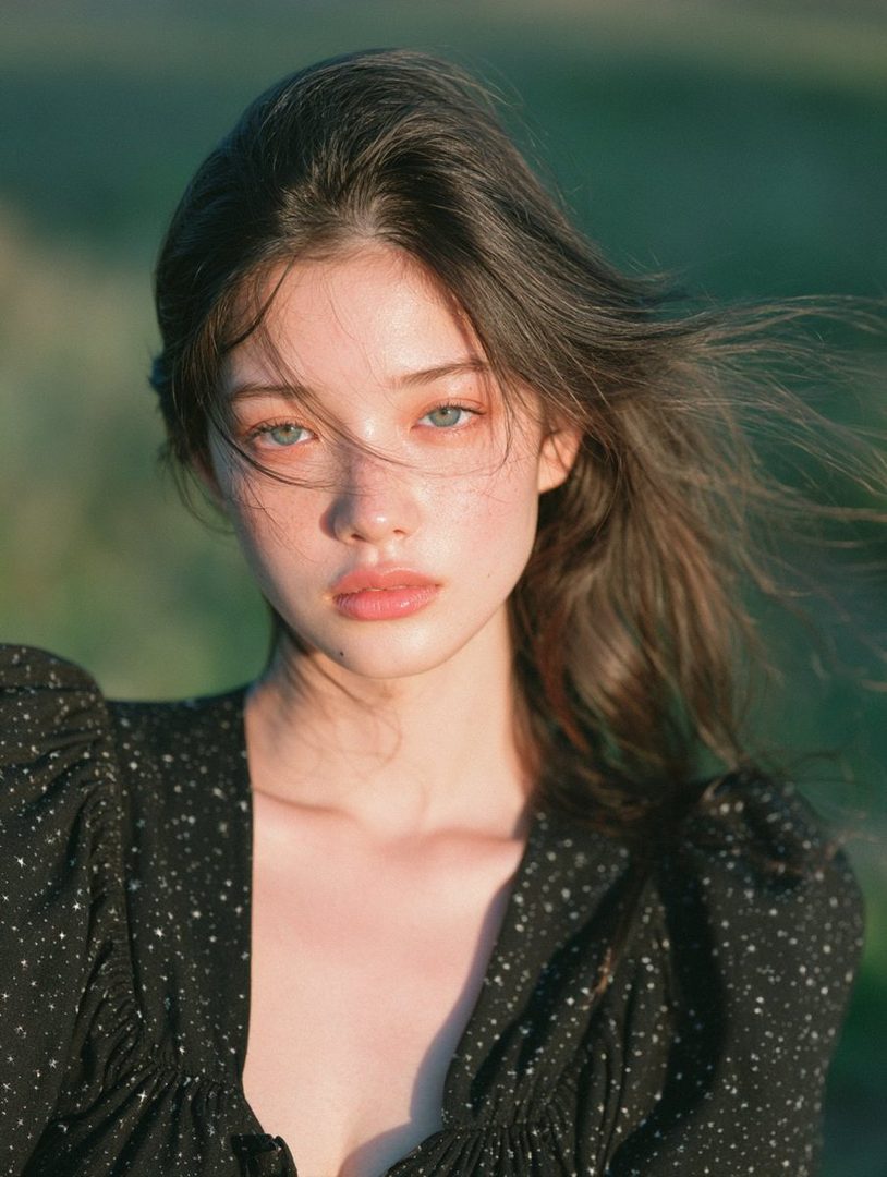 A soft, realistic close-up outdoor portrait of a young East Asian woman with light blue-green eyes and long, windswept brown hair, wearing a black dress with a star pattern.
