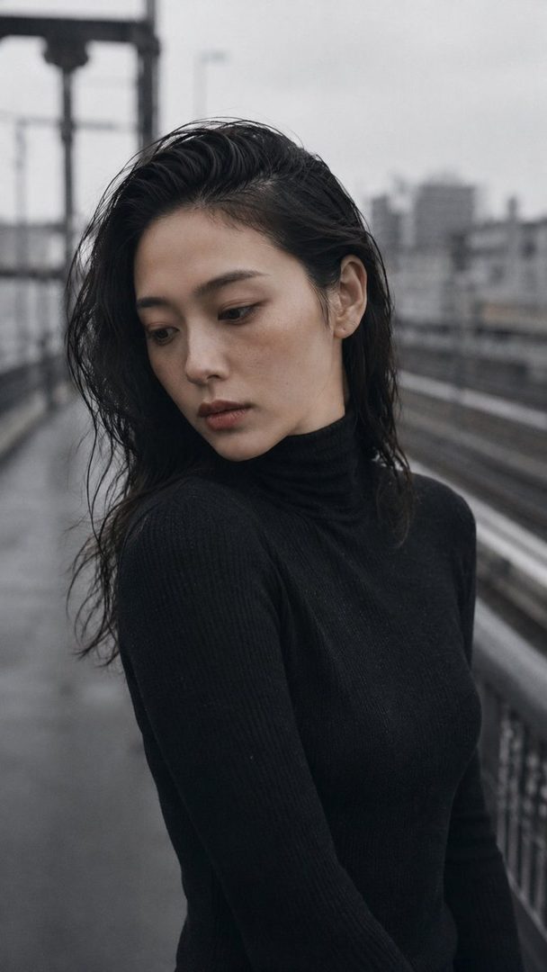 A close-up portrait of a Japanese woman with long, dark, wavy hair, wearing a black turtleneck sweater, looking down with a serene expression.