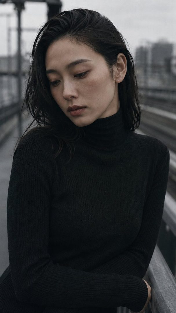 A close-up portrait of a Japanese woman with dark wavy hair, wearing a black turtleneck sweater, looking down with a neutral expression.