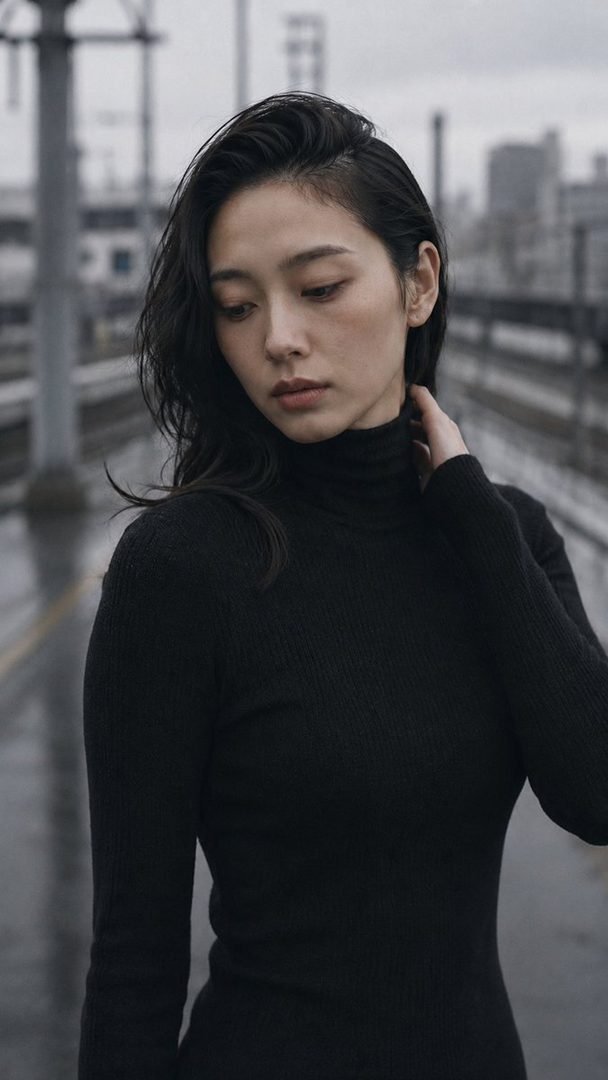 A close-up portrait of a Japanese woman with dark wavy hair, wearing a black turtleneck sweater, standing outdoors on a platform with a blurred city background.