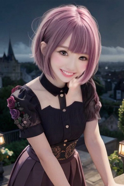 A young Japanese woman with short pink hair and a cute smile, wearing a dark dress with floral accents, posing outdoors with a castle in the background.