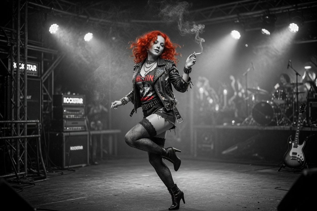 A woman with bright red curly hair, wearing a studded leather jacket, a rock-themed t-shirt, and ripped shorts, poses on a stage with a cigarette in her hand, surrounded by stage lights and band equipment.