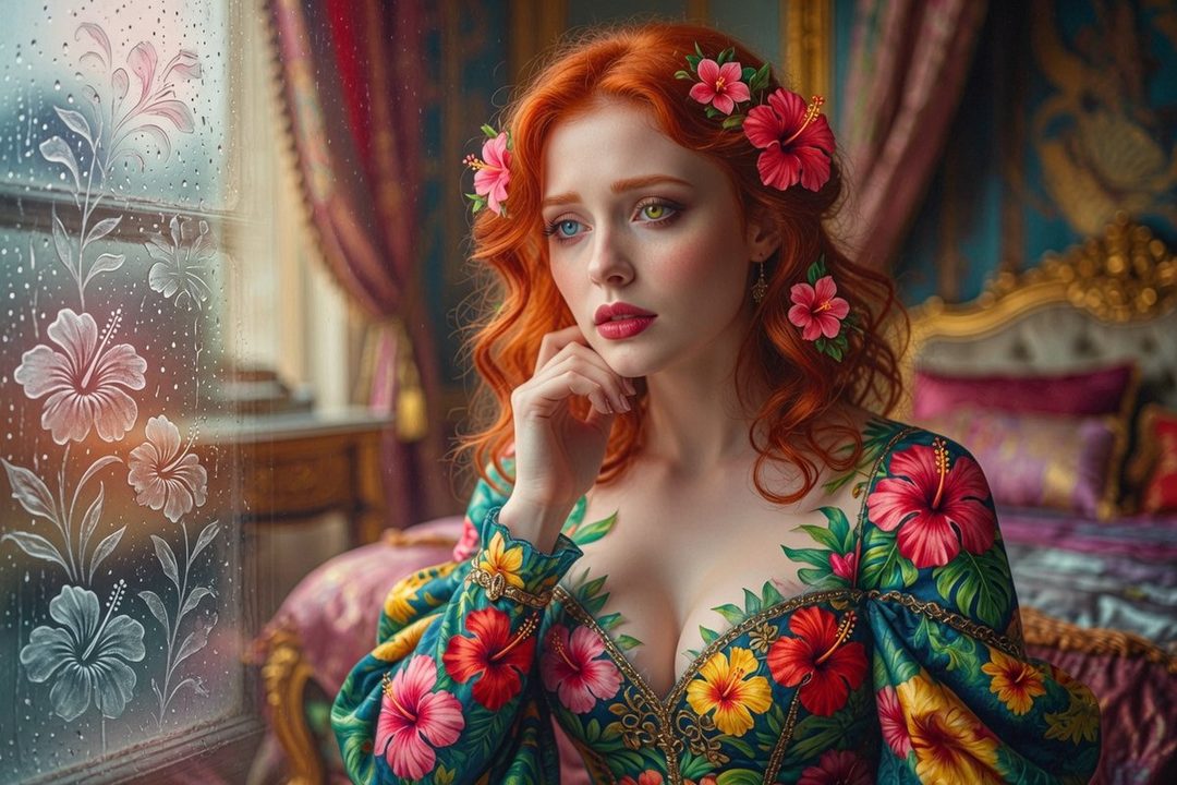 A beautiful woman with long red hair adorned with hibiscus flowers, wearing a floral dress, looking out a rainy window.