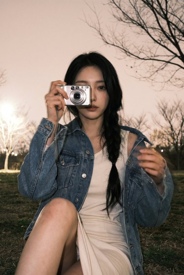 A young woman with long black hair in a braid holds a digital camera up to her face, looking at the viewer. She is wearing a denim jacket over a light-colored dress and sitting outdoors on the grass at dusk.
