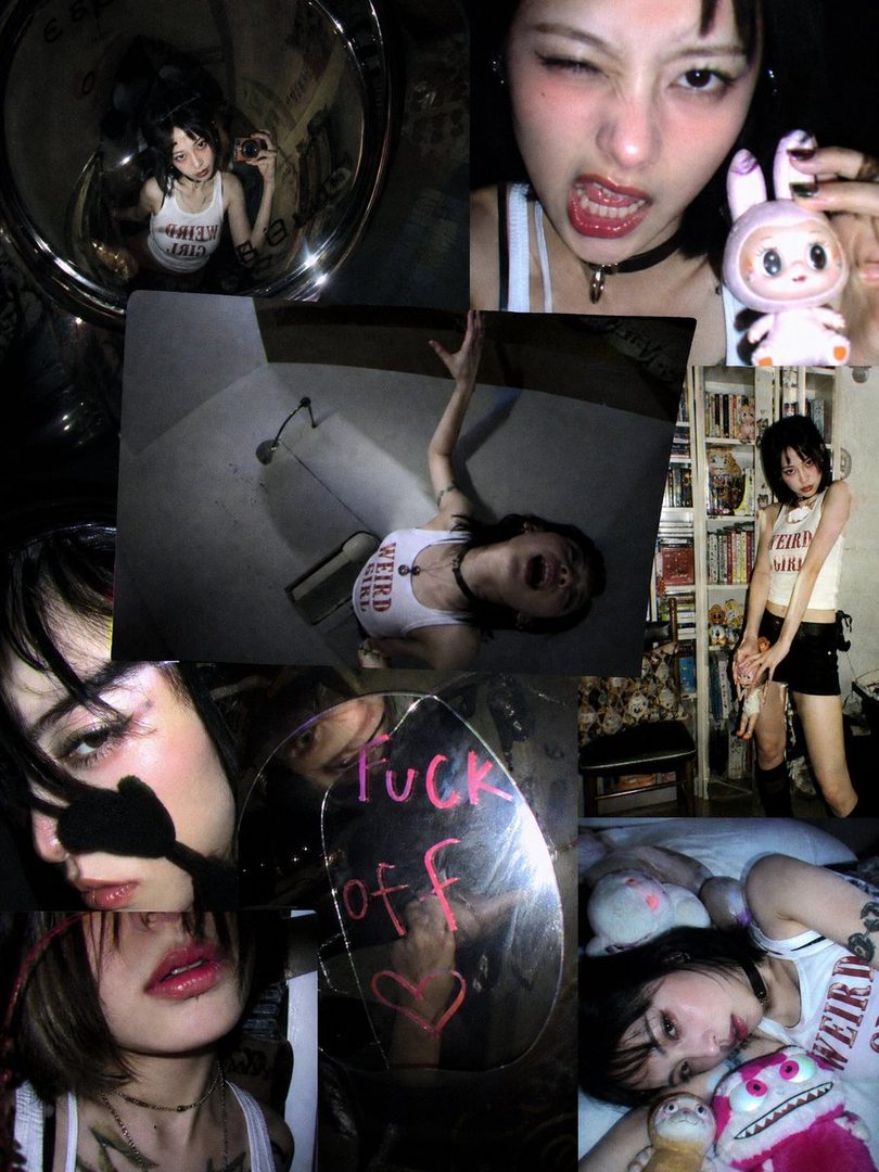A collage of Gen Z aesthetic photos featuring a young woman with dark hair, wearing a white tank top, posing playfully and provocatively in various settings.