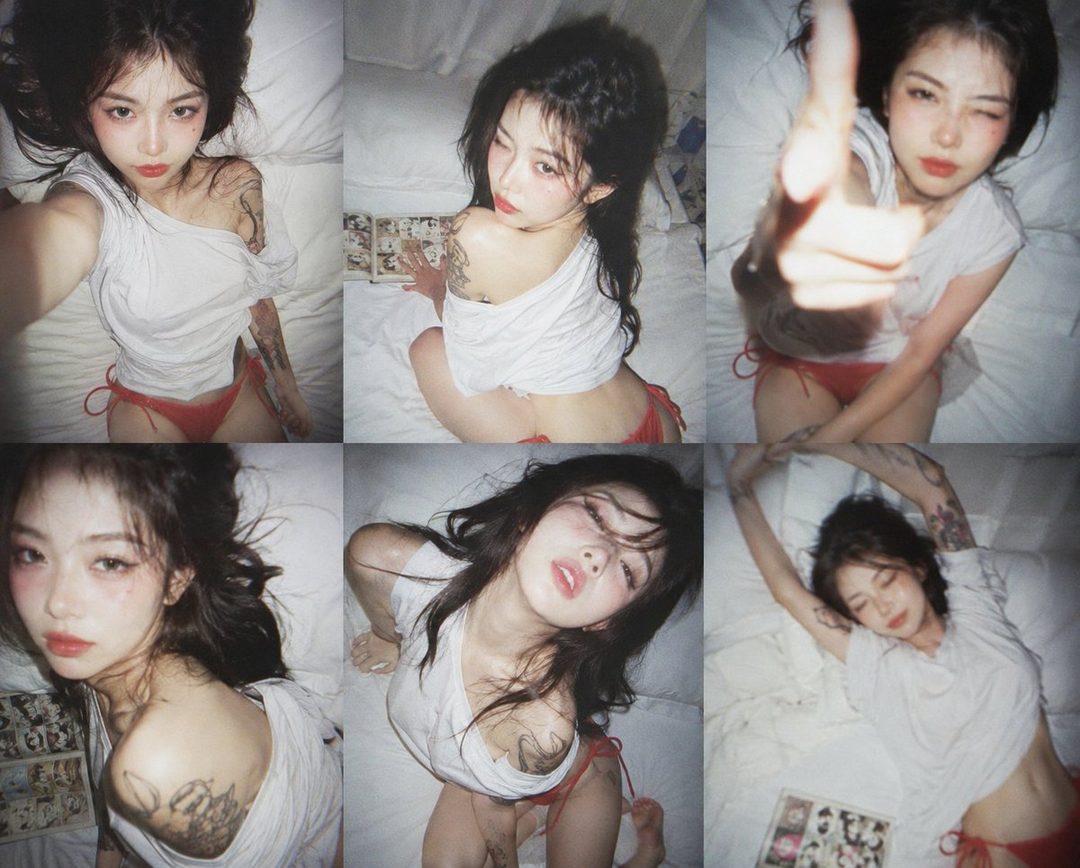 A collage of six photos showing a young East Asian woman with long dark hair, wearing a white off-the-shoulder top and red bikini bottoms, posing suggestively on a bed.