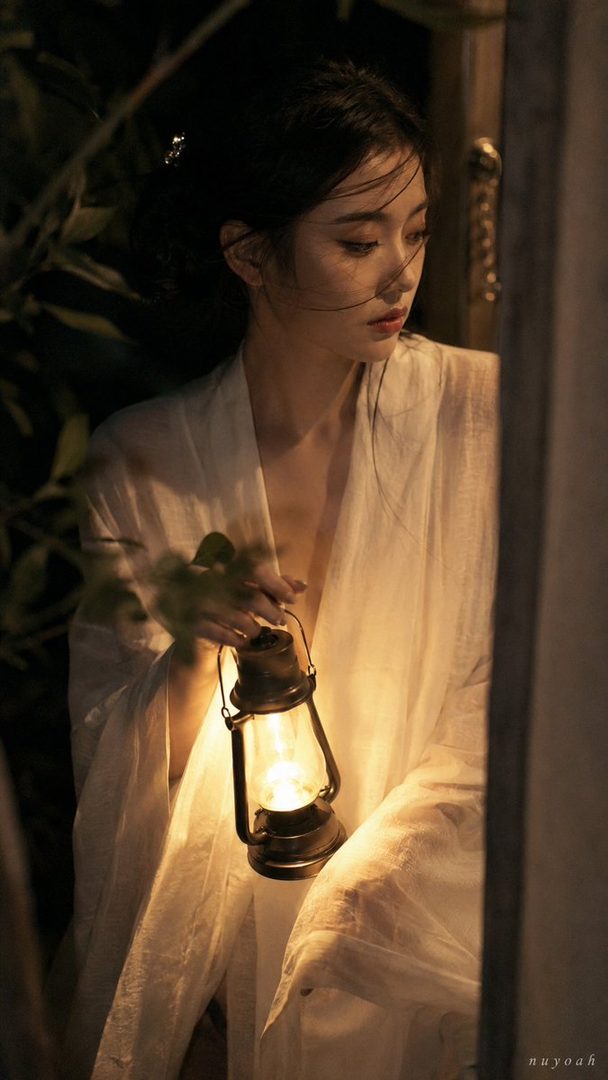A young East Asian woman in a white robe holds a lantern at night, with soft light illuminating her face and surroundings.