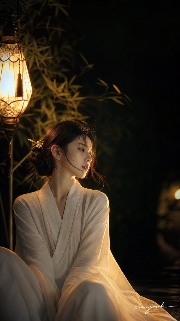 A young woman in traditional white clothing sits outdoors at night, illuminated by a lantern, with a serene and dreamy expression.