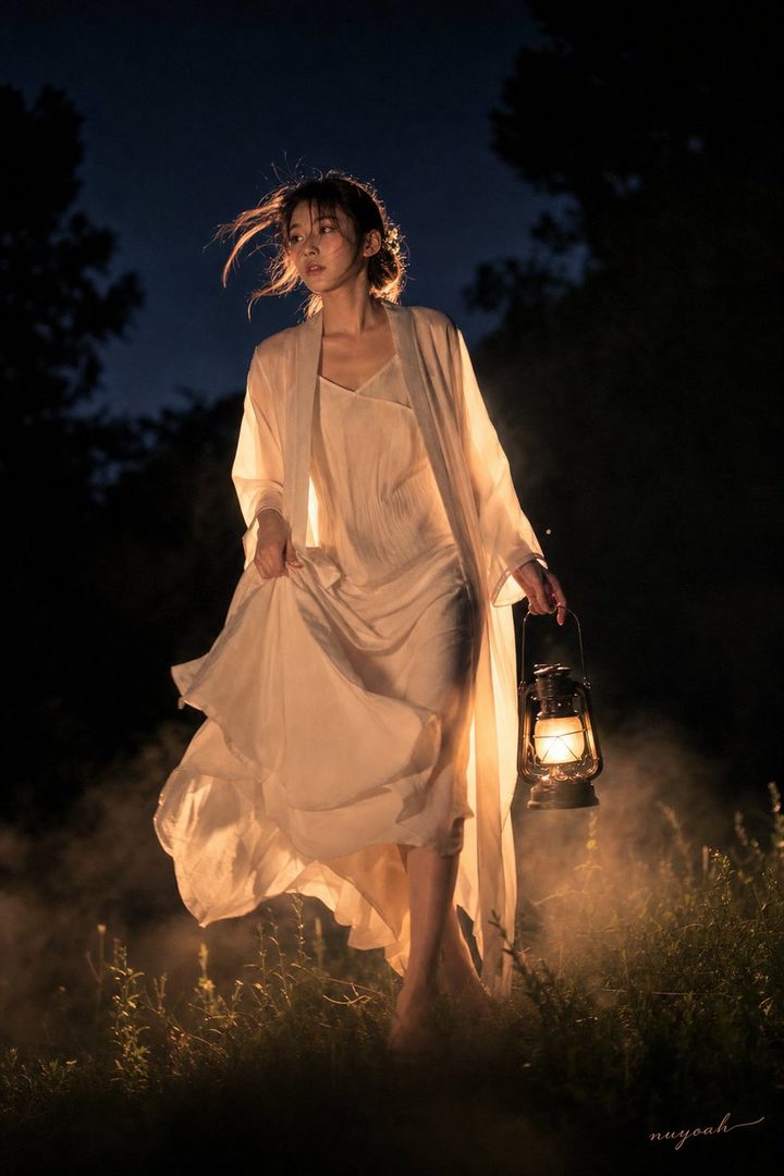A young woman in a flowing light-colored dress and robe walks through tall grass at night, holding an illuminated lantern.