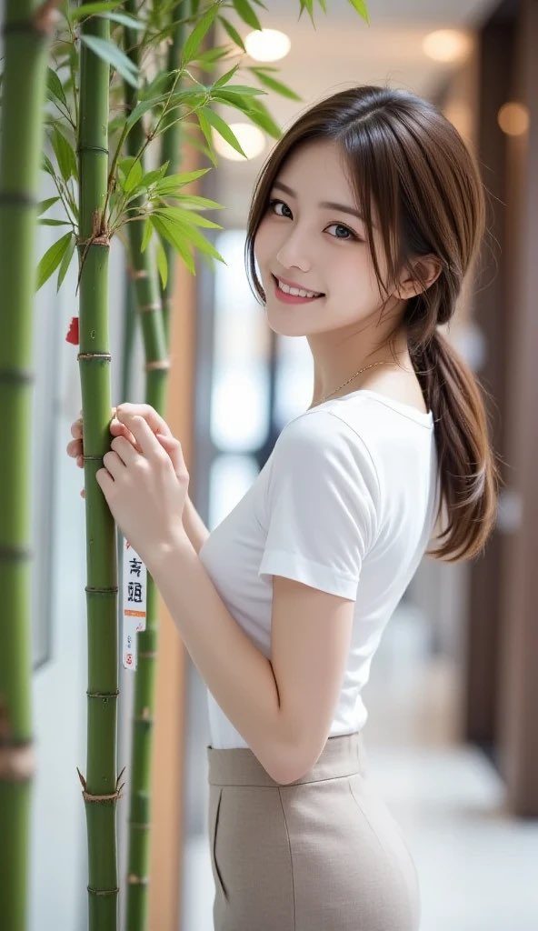 A young East Asian woman with brown hair in a ponytail, wearing a white t-shirt and a beige skirt, smiles gently while holding onto a bamboo stalk decorated with a Tanabata wish.
