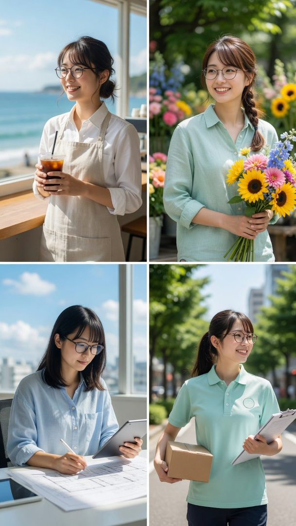 A collage of four portraits of a young East Asian woman wearing glasses, depicted in different professional and casual settings, including a cafe, a flower shop, an office, and outdoors as a delivery person.