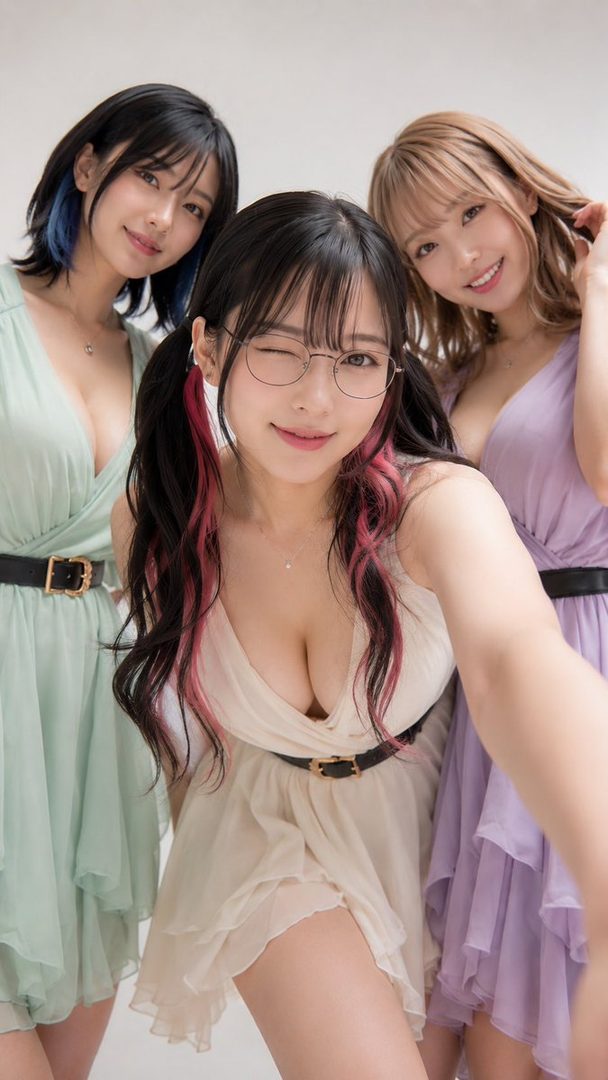 Three young women in short, flowing dresses pose for a selfie, with the central woman winking and wearing glasses and pigtails with pink streaks.