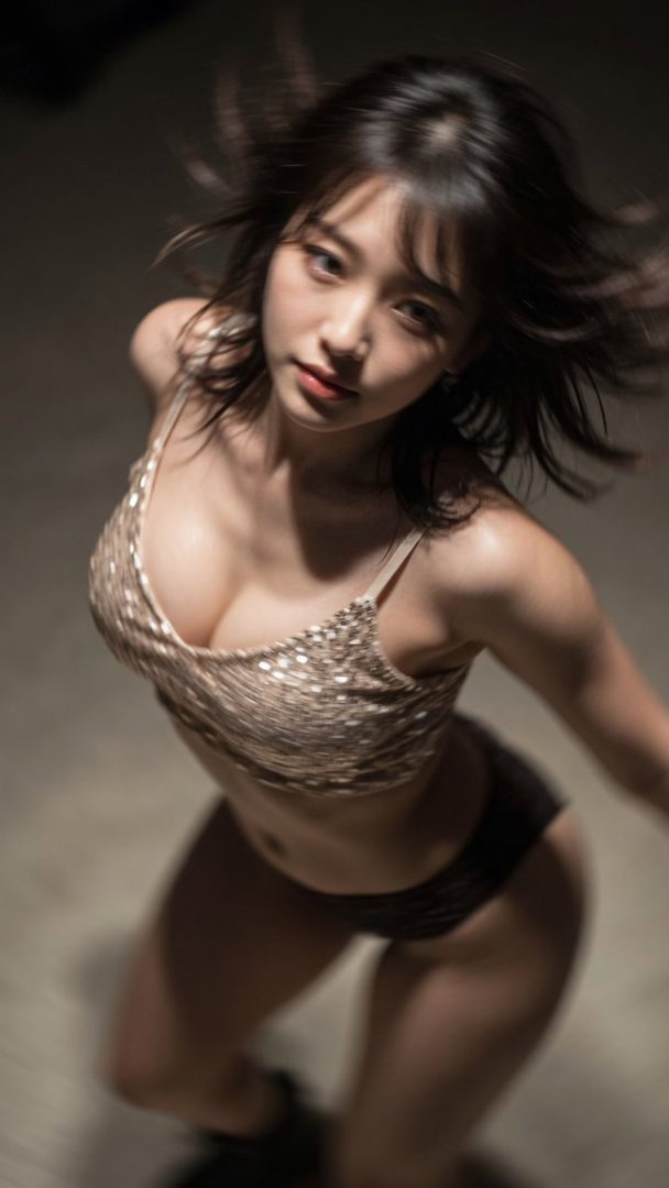 A young woman with dark hair, wearing a sparkling gold top and dark bottoms, poses suggestively in a studio setting.