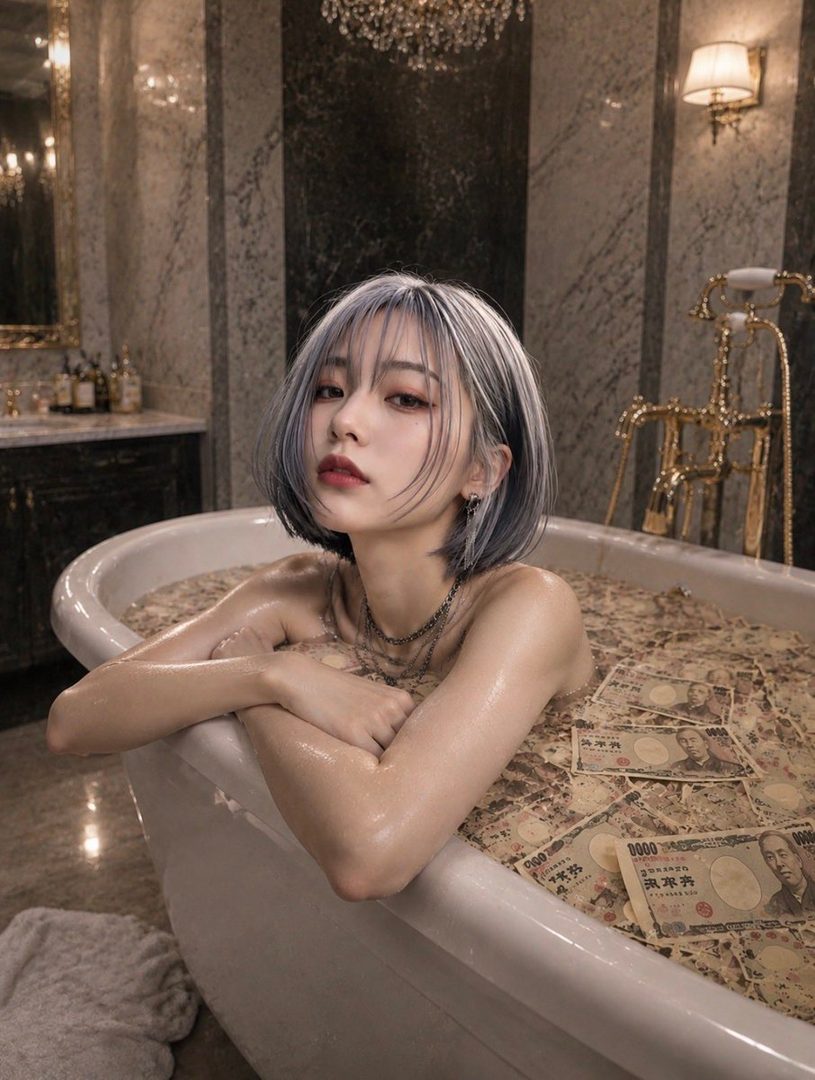 A woman with short, silver-streaked hair poses in a bathtub filled with Japanese yen bills, looking seductively at the camera.