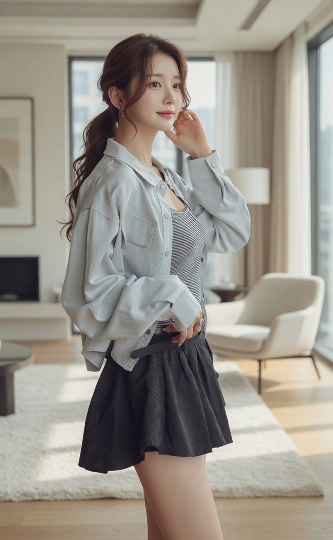 A young woman with brown hair in a ponytail, wearing a light blue jacket, striped top, and black mini skirt, stands in a modern room with large windows.