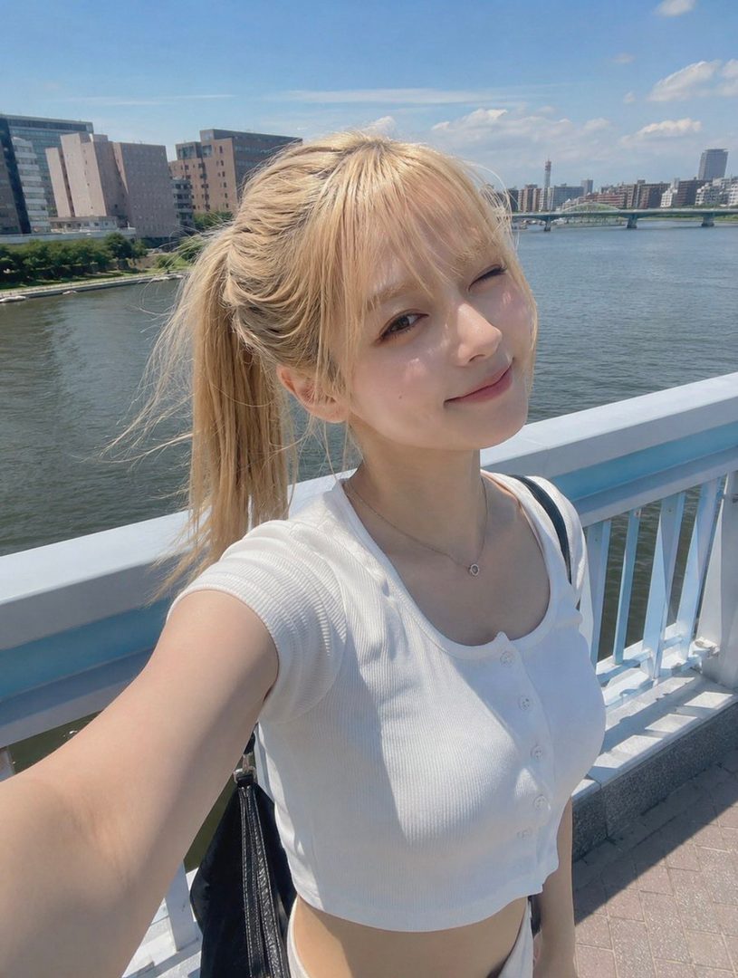 A young woman with blonde hair in a ponytail winks at the camera while taking a selfie on a bridge with a city skyline in the background.