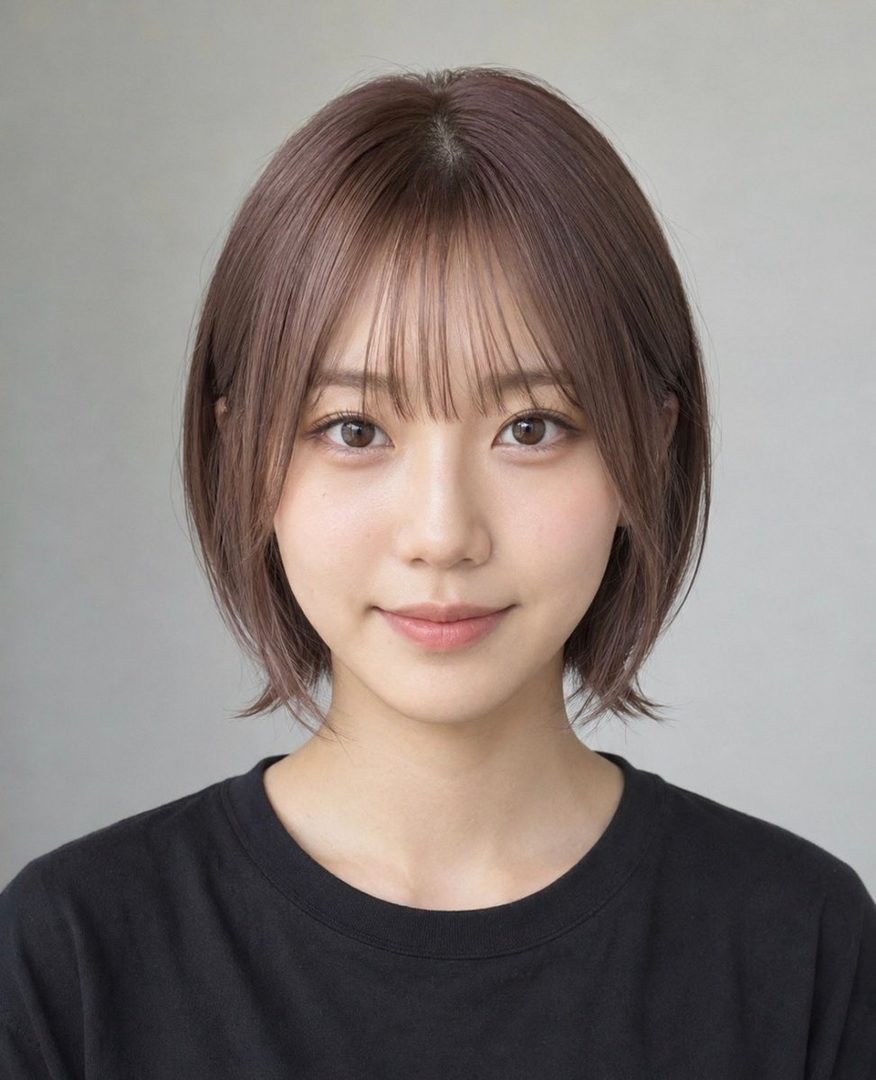A studio portrait of a young East Asian woman with short brown hair and bangs, wearing a black t-shirt, looking directly at the camera with a gentle smile.