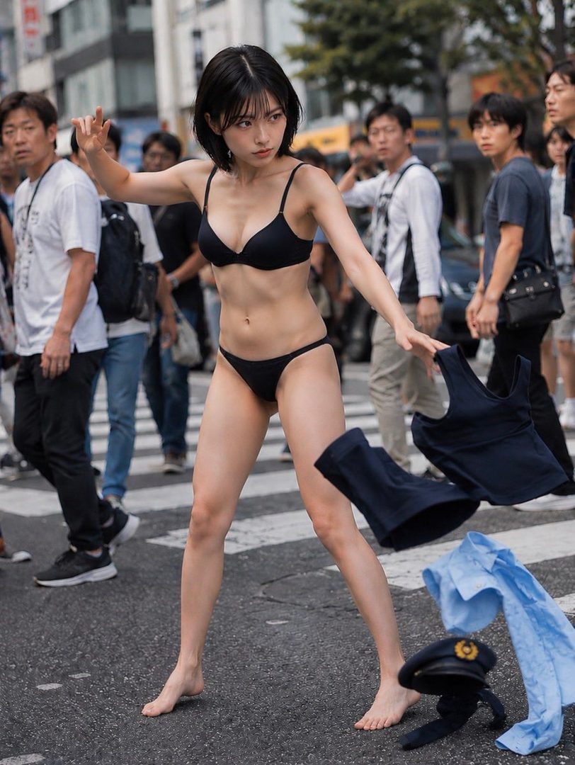 A young woman in a black bikini poses provocatively on a busy city street, with clothes and a police hat scattered around her.
