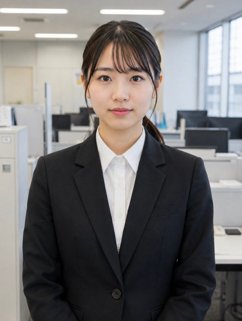 A young East Asian woman in a black suit and white shirt, posing in an office setting.