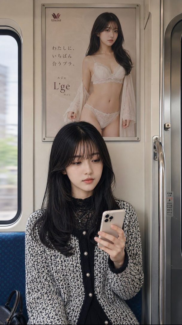 A young woman with long black hair sits on a train, looking at her phone, with a lingerie advertisement featuring a similar woman above her.