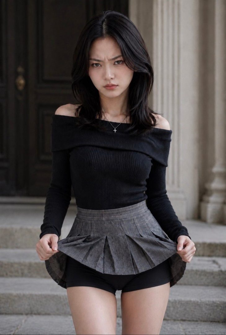 A young East Asian woman with black hair, wearing an off-the-shoulder black top and a grey pleated skirt over black shorts, looks at the camera with a playful expression.