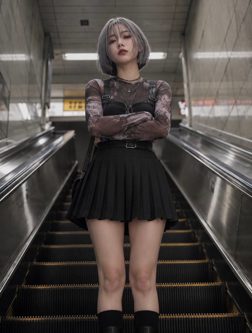 A young woman with short silver hair stands on an escalator, wearing a black pleated skirt and a patterned long-sleeved top.