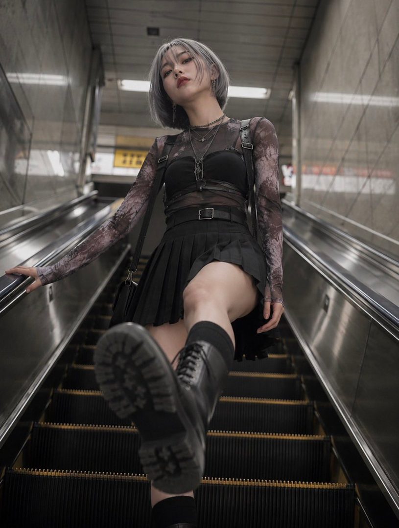 A young woman with short silver hair and a dark outfit stands on an escalator, looking confidently at the camera.