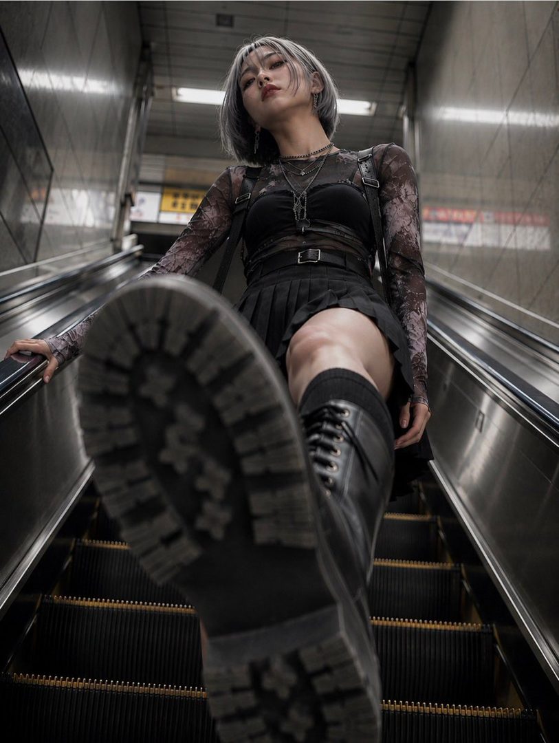 A young woman with short silver hair and a dark outfit stands on an escalator, looking down at the camera.