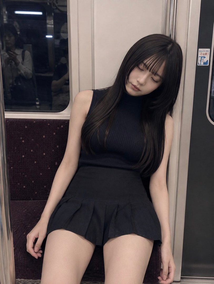 A young Japanese woman with long black hair, wearing a black sleeveless top and a short pleated skirt, appears to be sleeping on a train.